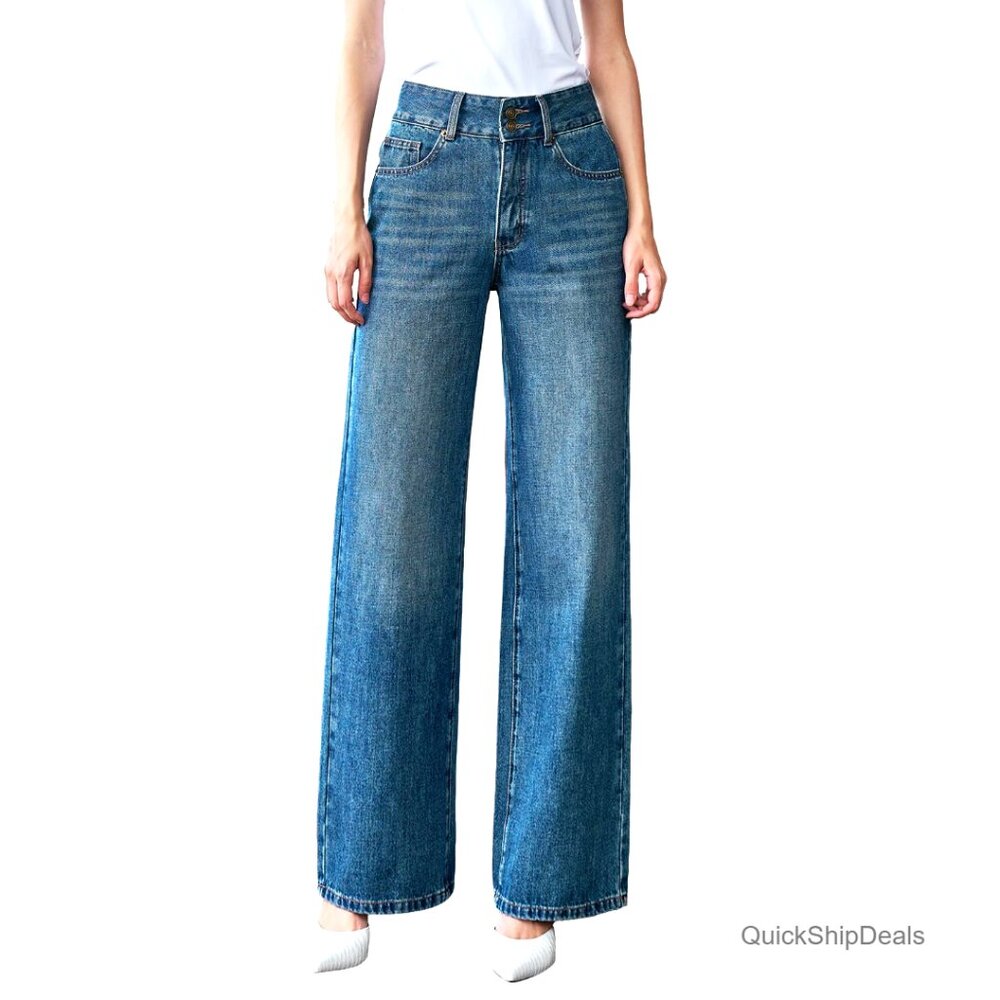 High Waisted Baggy Jeans Stretchy Wide Leg Tummy Control Straight Leg Denim